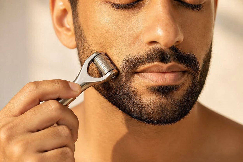 Close-up of the Densara Derma Roller applied to a beard