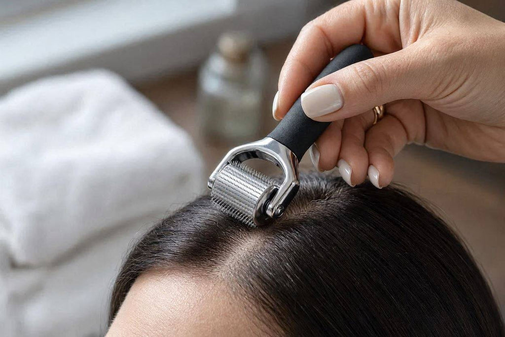 Hand applying the Densara Derma Roller near the front hairline