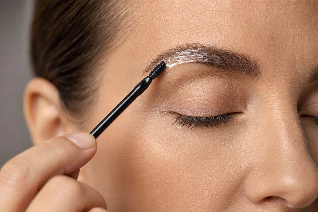 Woman applying clear fiber gel to her eyebrow with a small angled brush applicator