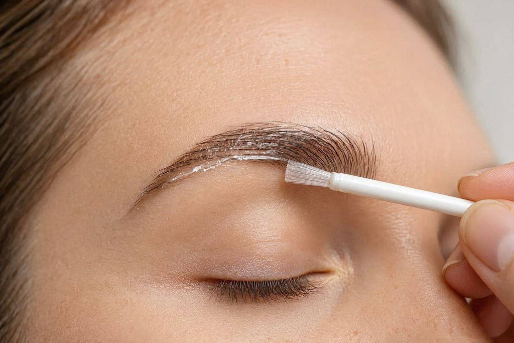 Close-up of a fiber gel applicator being brushed through an eyebrow