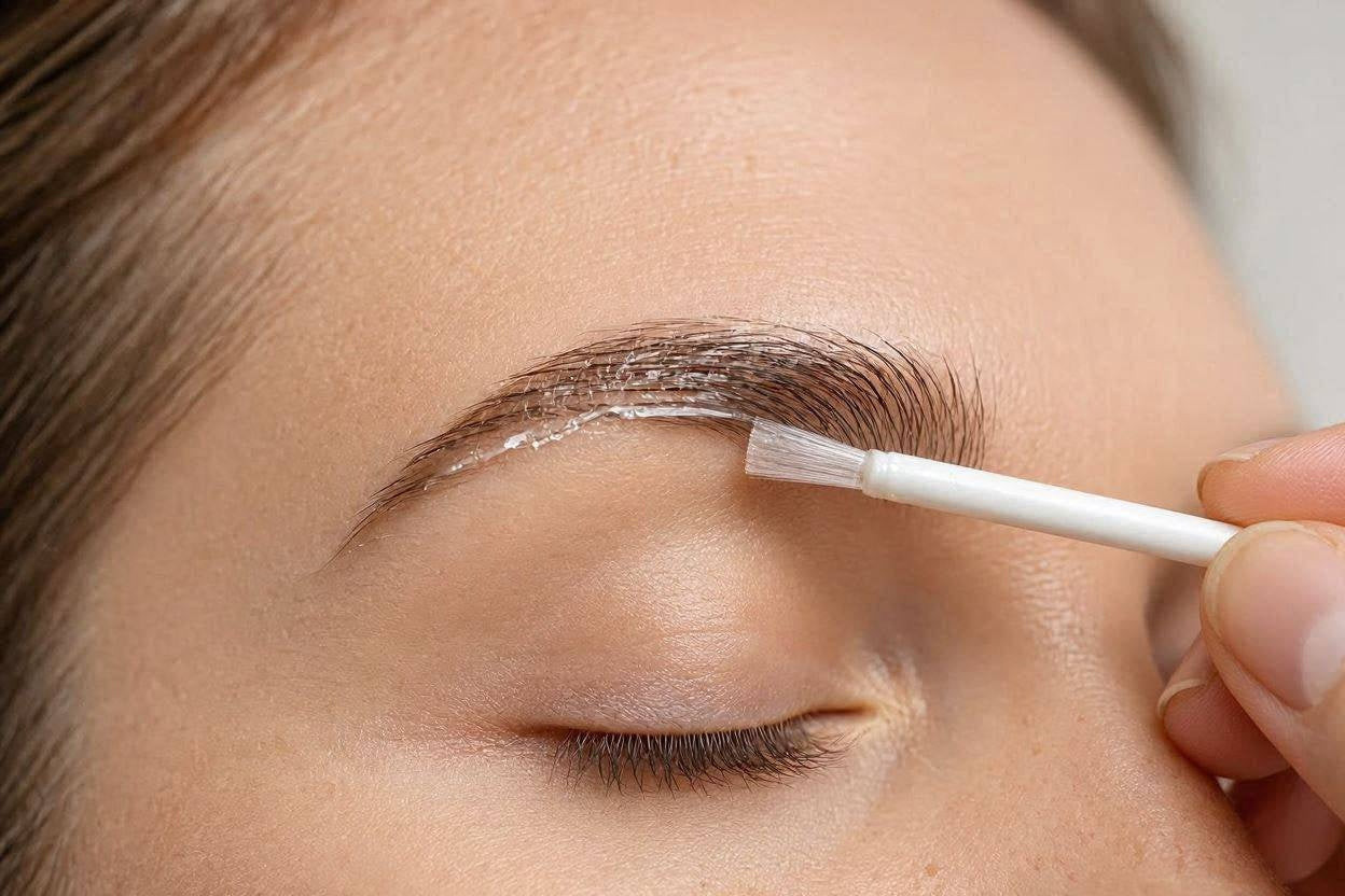 Close-up of a fiber gel applicator being brushed through an eyebrow