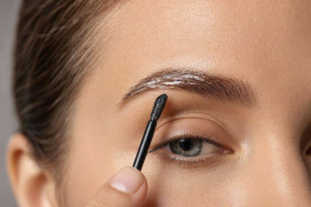 Woman applying eyebrow fiber gel with a thin wand applicator