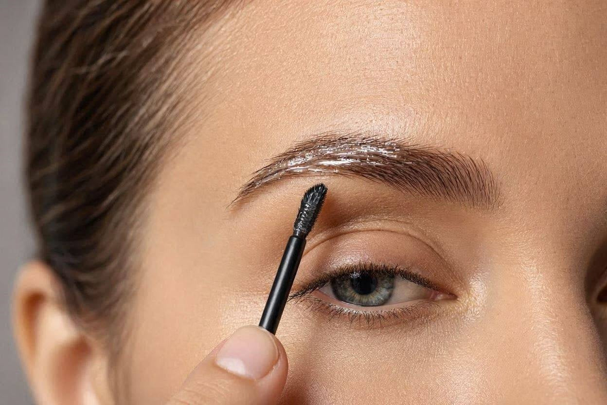 Woman applying eyebrow fiber gel with a thin wand applicator