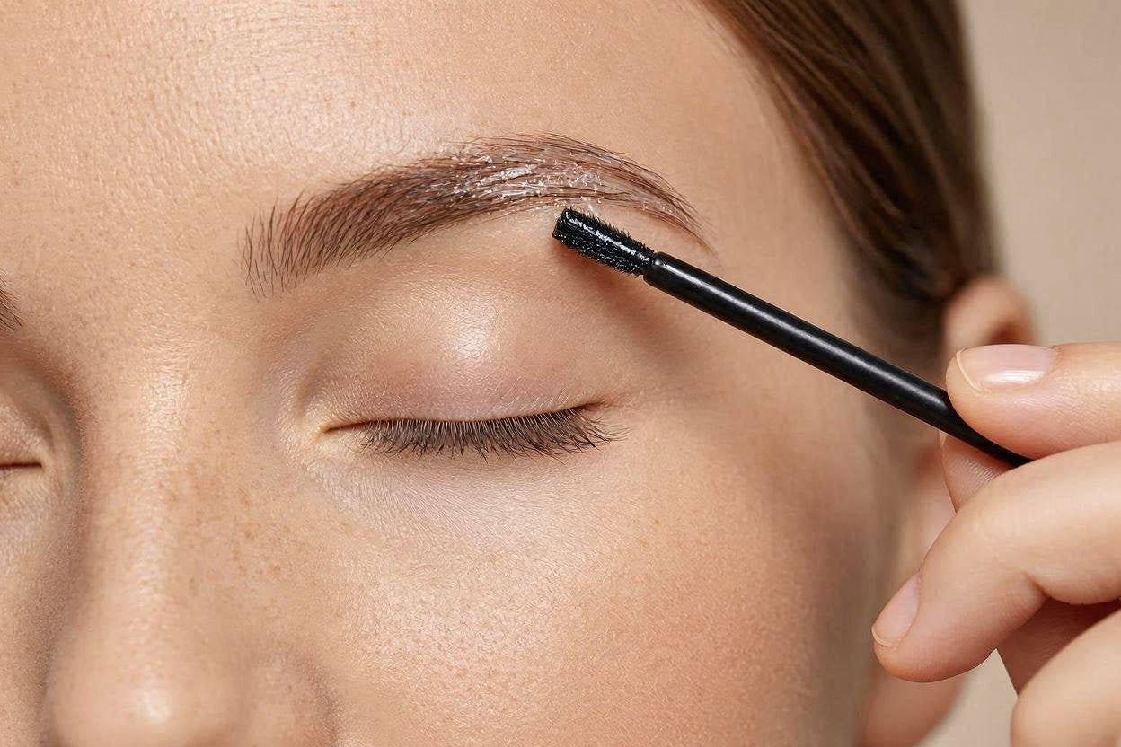 Close-up of eyebrow fiber gel application with a brush applicator