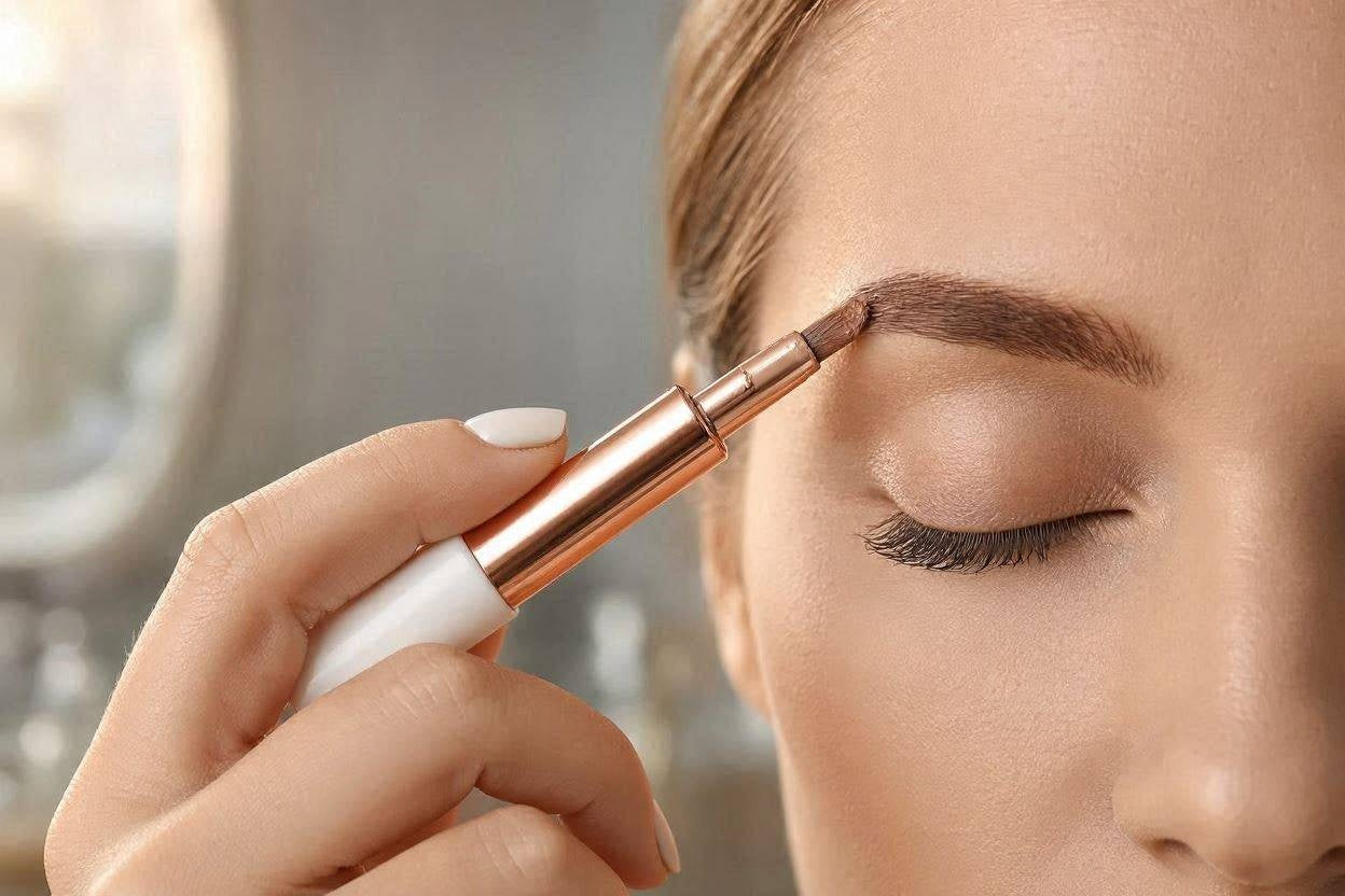 Woman applying eyebrow fiber filler with a rose gold applicator tube