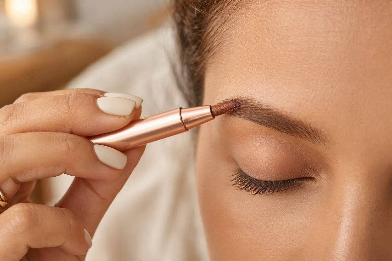 Close-up of a rose gold eyebrow filler applicator brushing through the brow