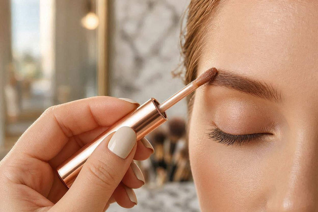Woman holding a rose gold eyebrow fiber filler applicator to her brow
