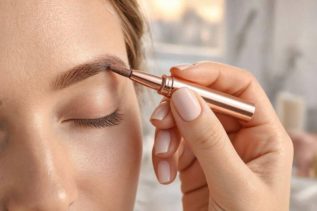 Close-up of eyebrow fiber filler application with a rose gold wand