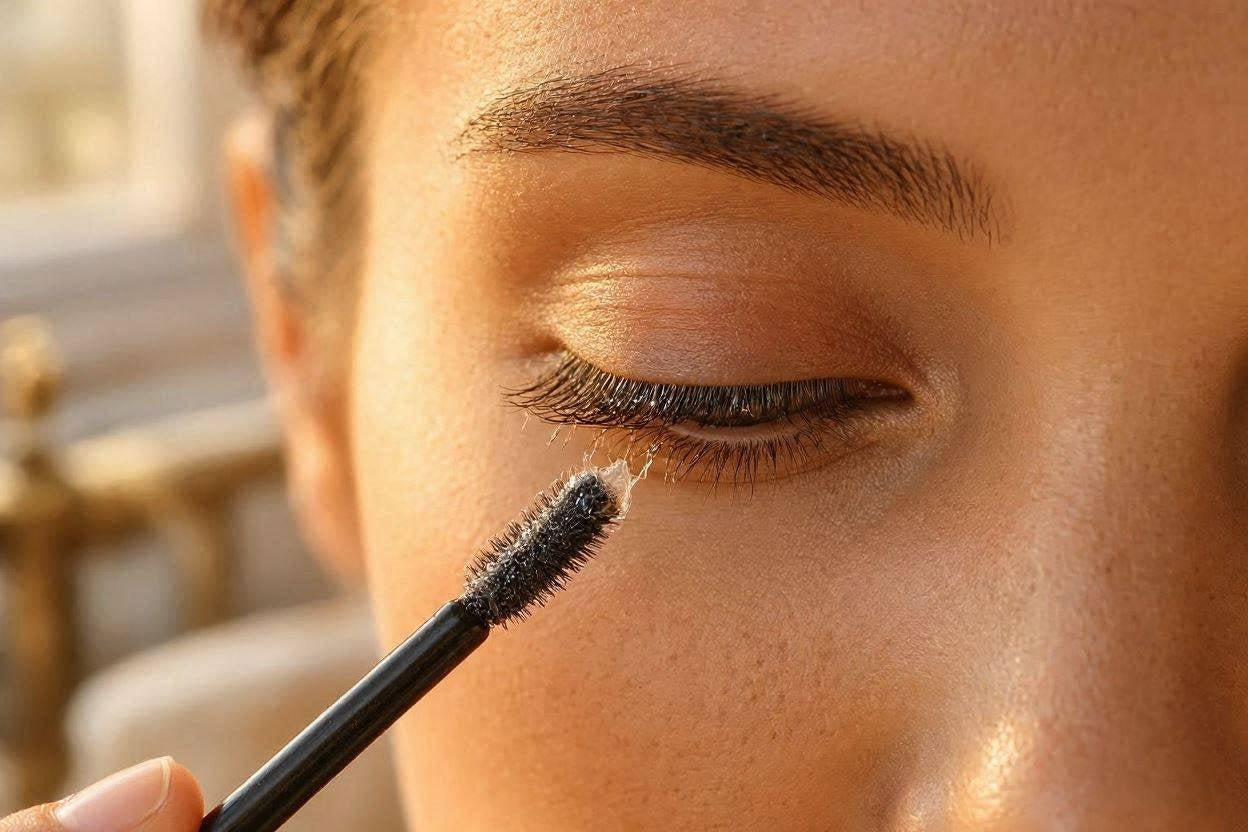 Woman applying eyelash serum along her upper lash line with a brush applicator