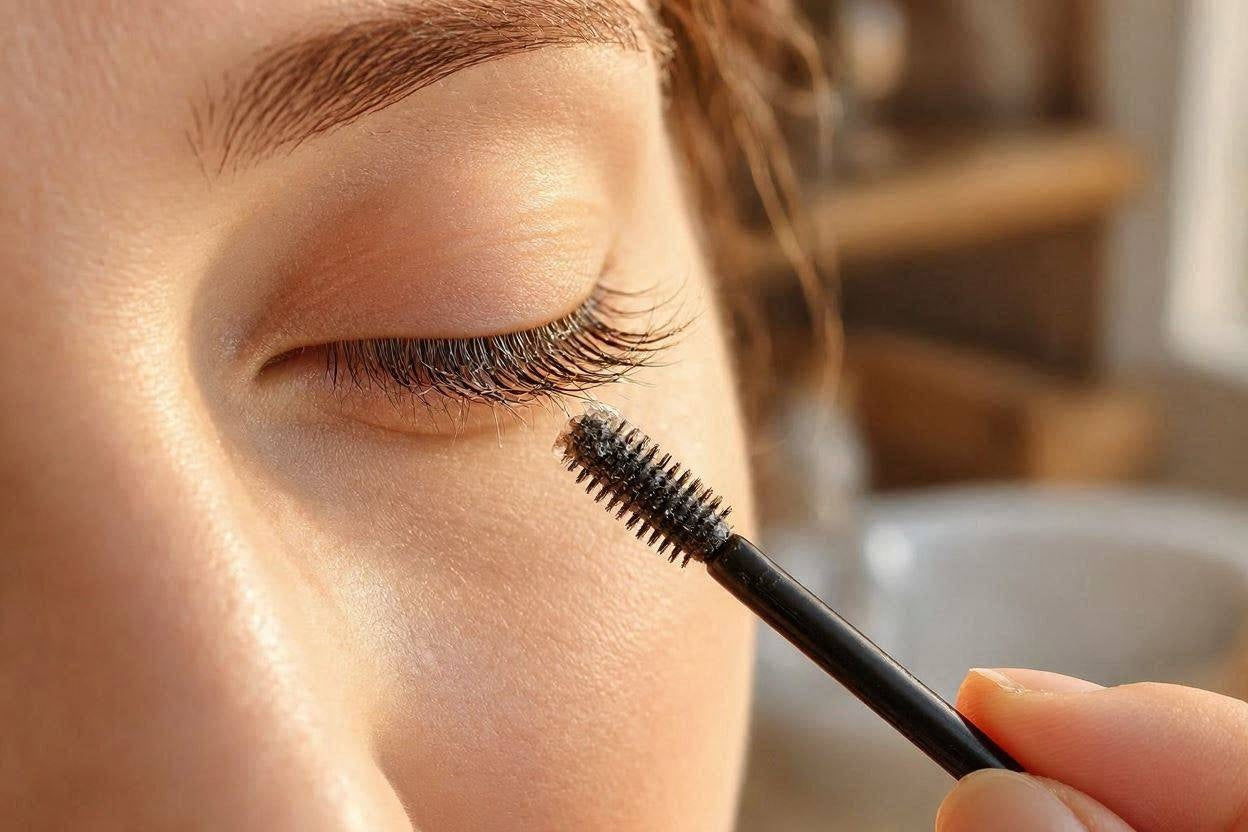 Close-up of eyelash serum being applied with a small wand applicator