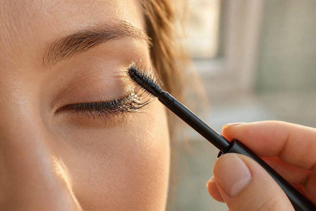 Woman applying eyelash serum with a brush along the lash line, eyes closed