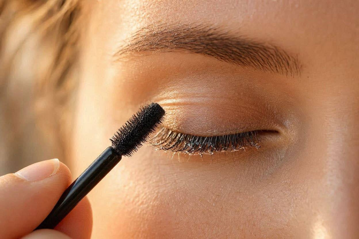 Close-up of a lash serum wand applicator near the eye