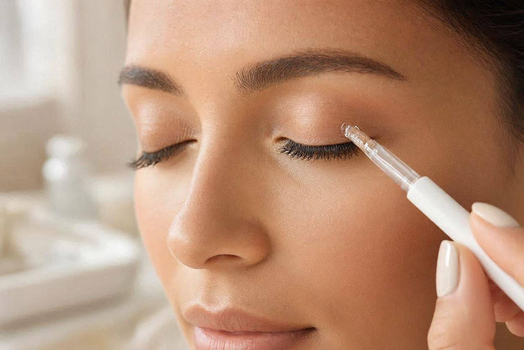 Woman applying eyebrow serum with a white applicator tube