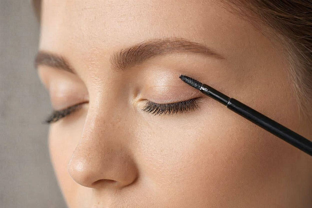 Close-up of eyebrow serum applied with a black brush applicator