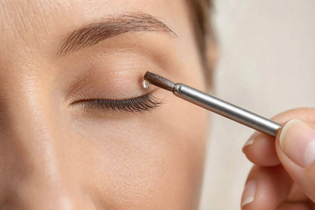 Woman applying brow serum with a silver applicator tube