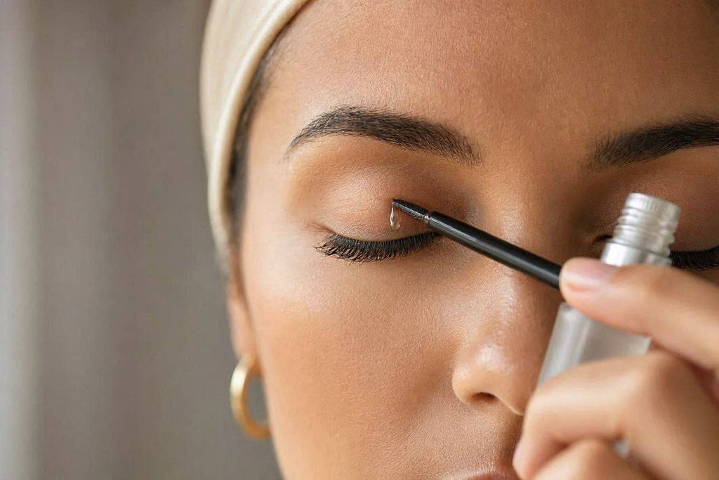 Close-up of lash serum applied with a dropper-style brush