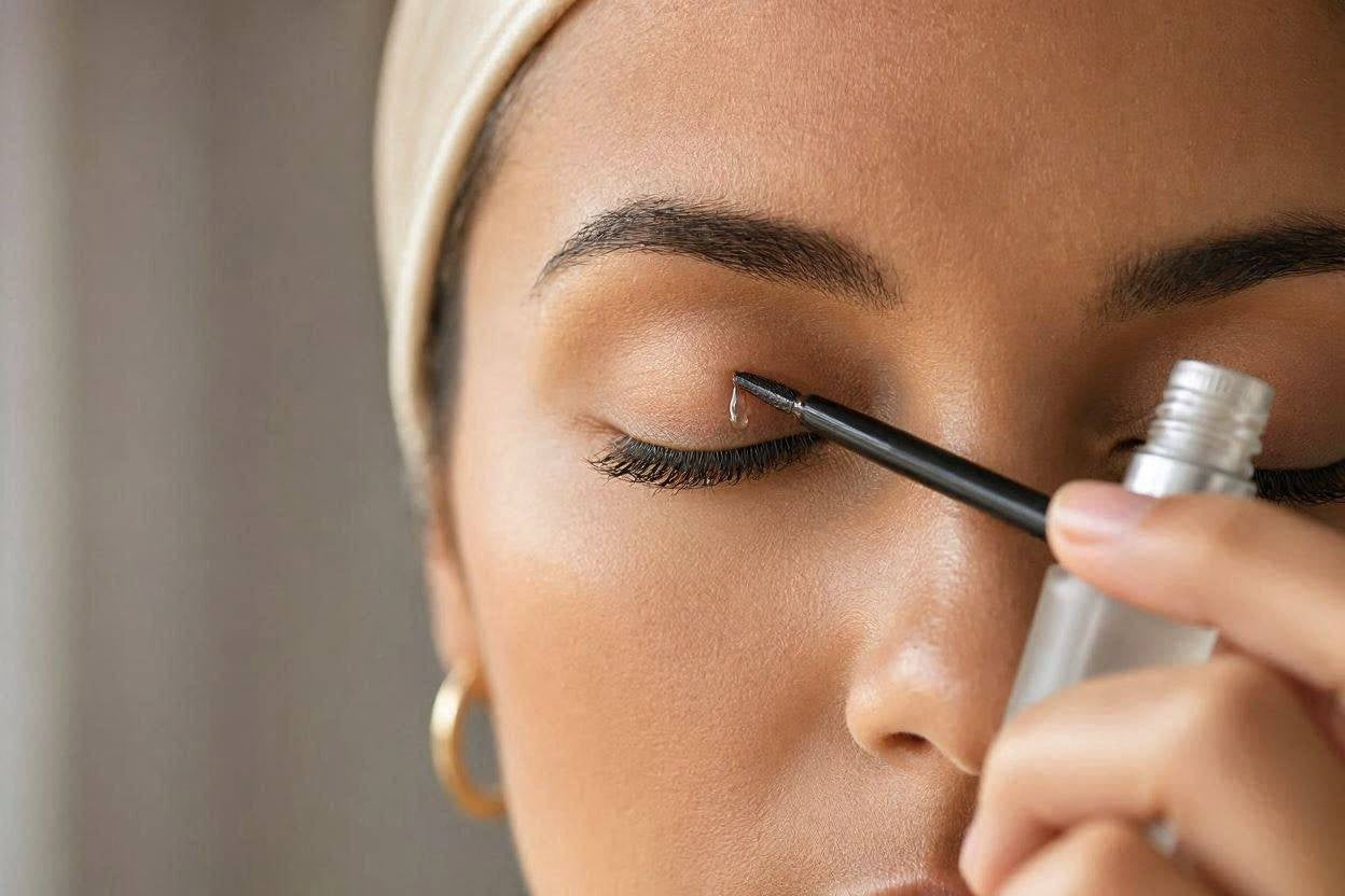 Close-up of lash serum applied with a dropper-style brush