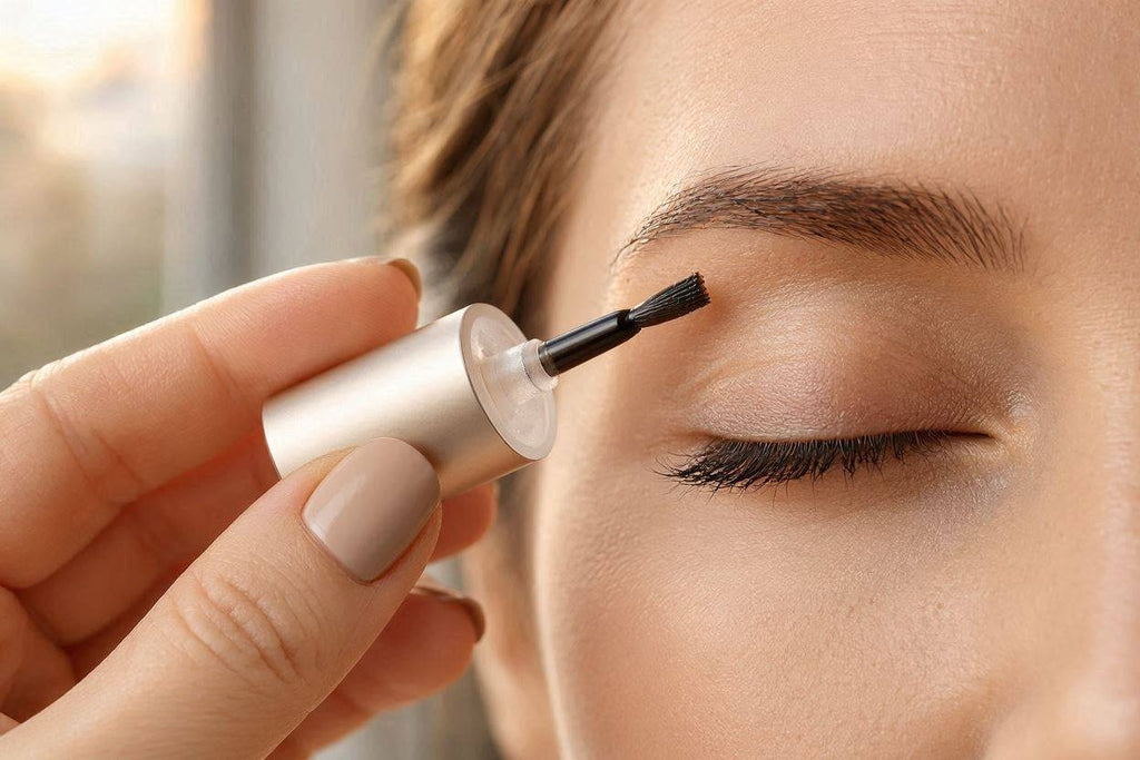 Woman applying eyelash serum with a silver tube applicator