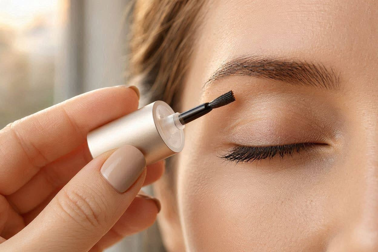 Woman applying eyelash serum with a silver tube applicator