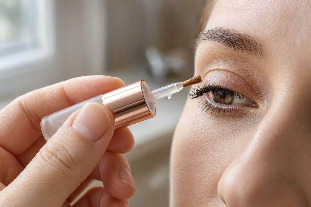 Close-up of eyebrow serum being brushed onto the brow with a rose gold tube