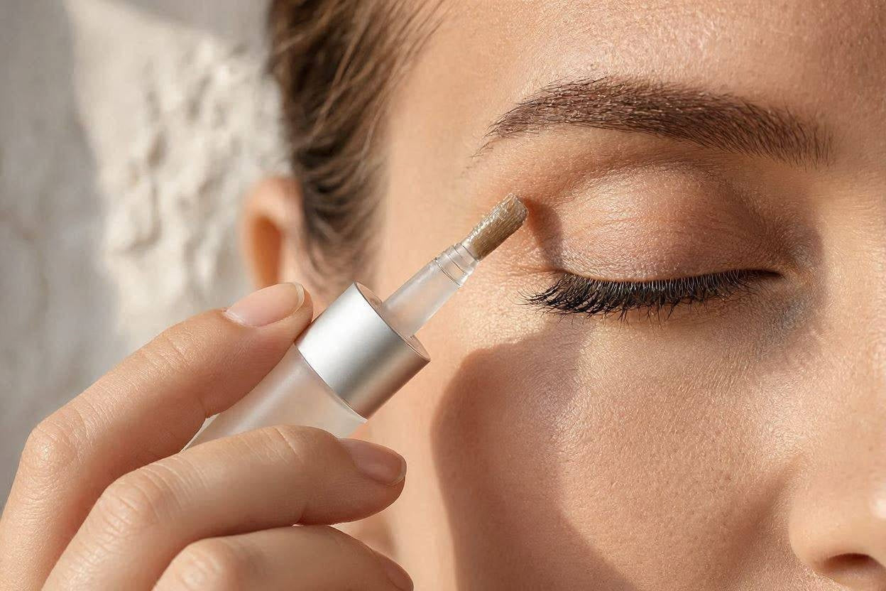Woman applying brow serum with a silver applicator, outdoor light