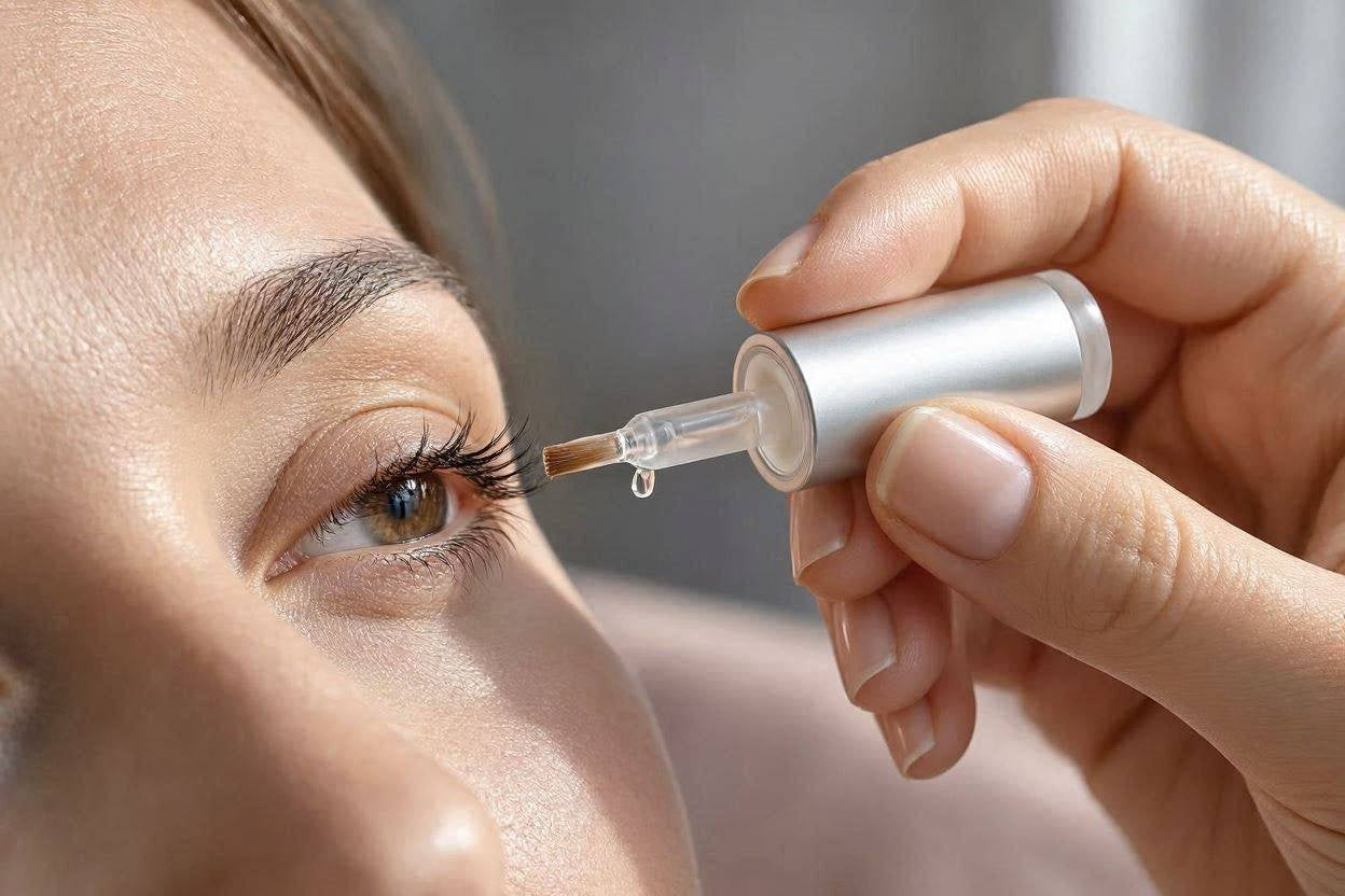 Close-up of eyelash serum applicator with visible serum droplet