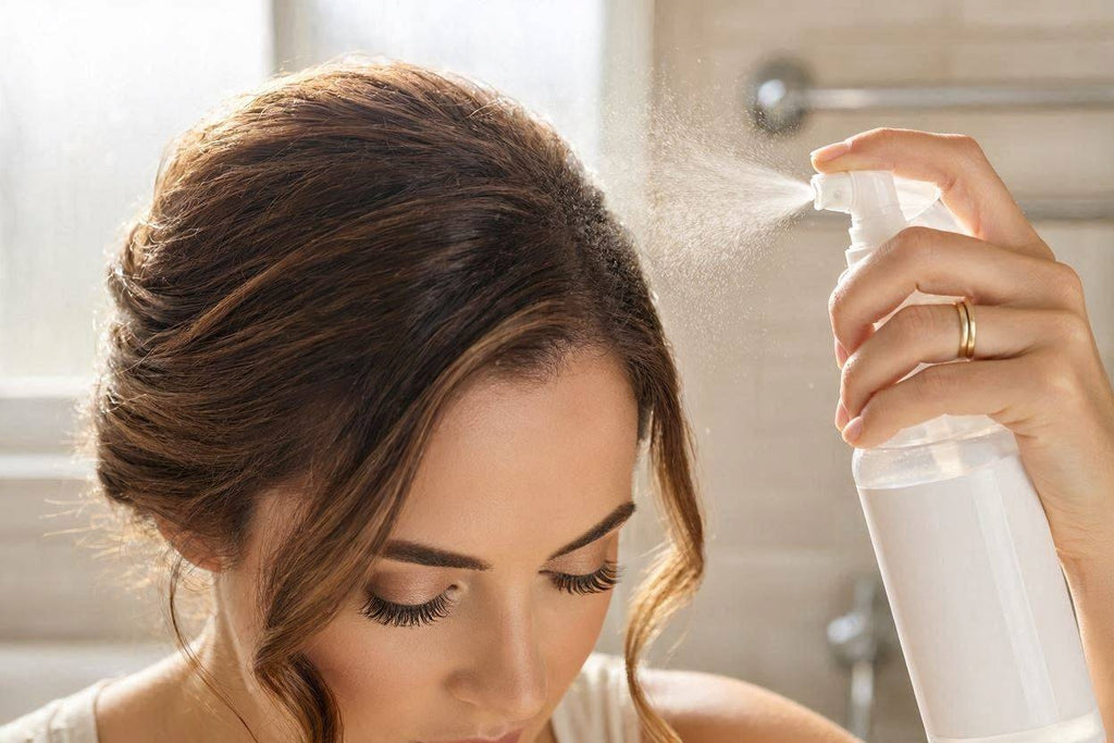 Woman misting Bunee FiberHold Spray over her updo hairstyle