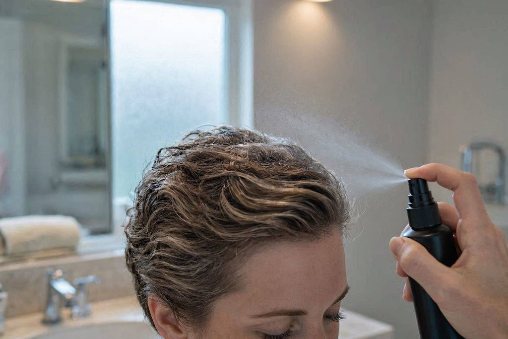 Close-up of Bunee FiberHold Spray being misted over short hair