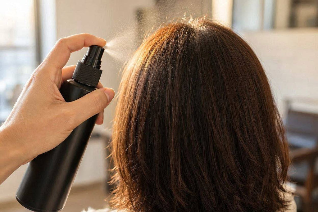 Woman spraying Bunee FiberHold Spray over her hair