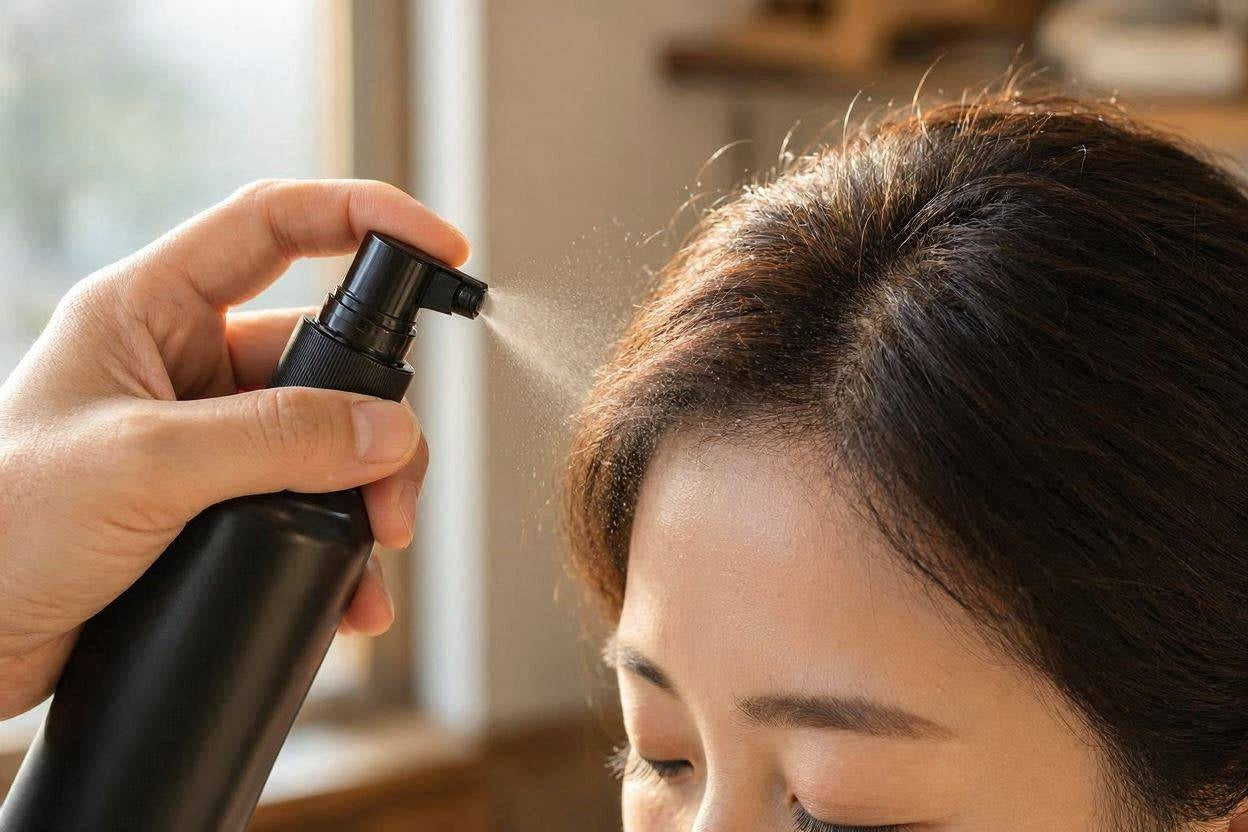 Close-up of Bunee FiberHold Spray being applied near the hairline