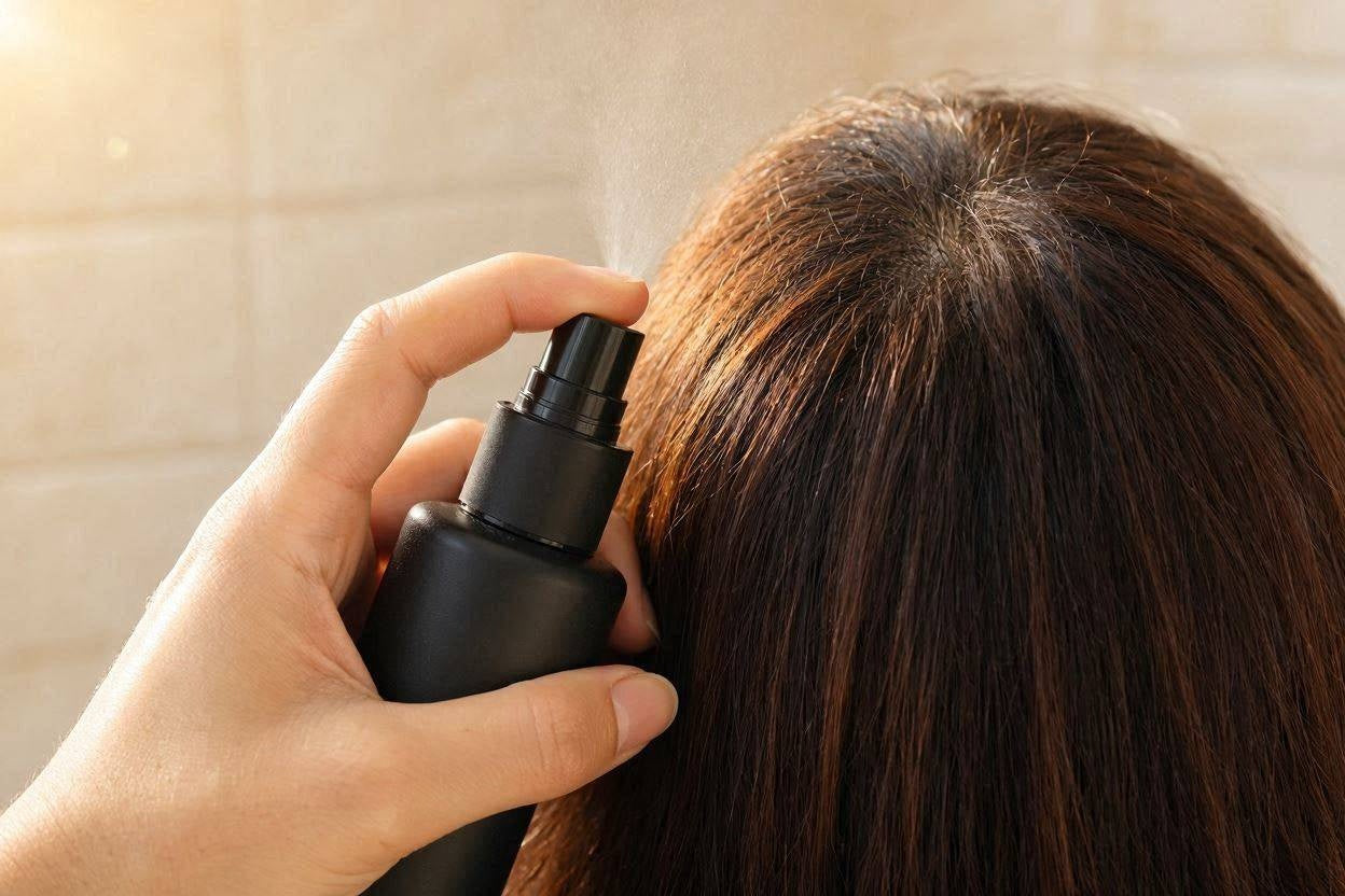 Close-up of Bunee FiberHold Spray misted over dark hair