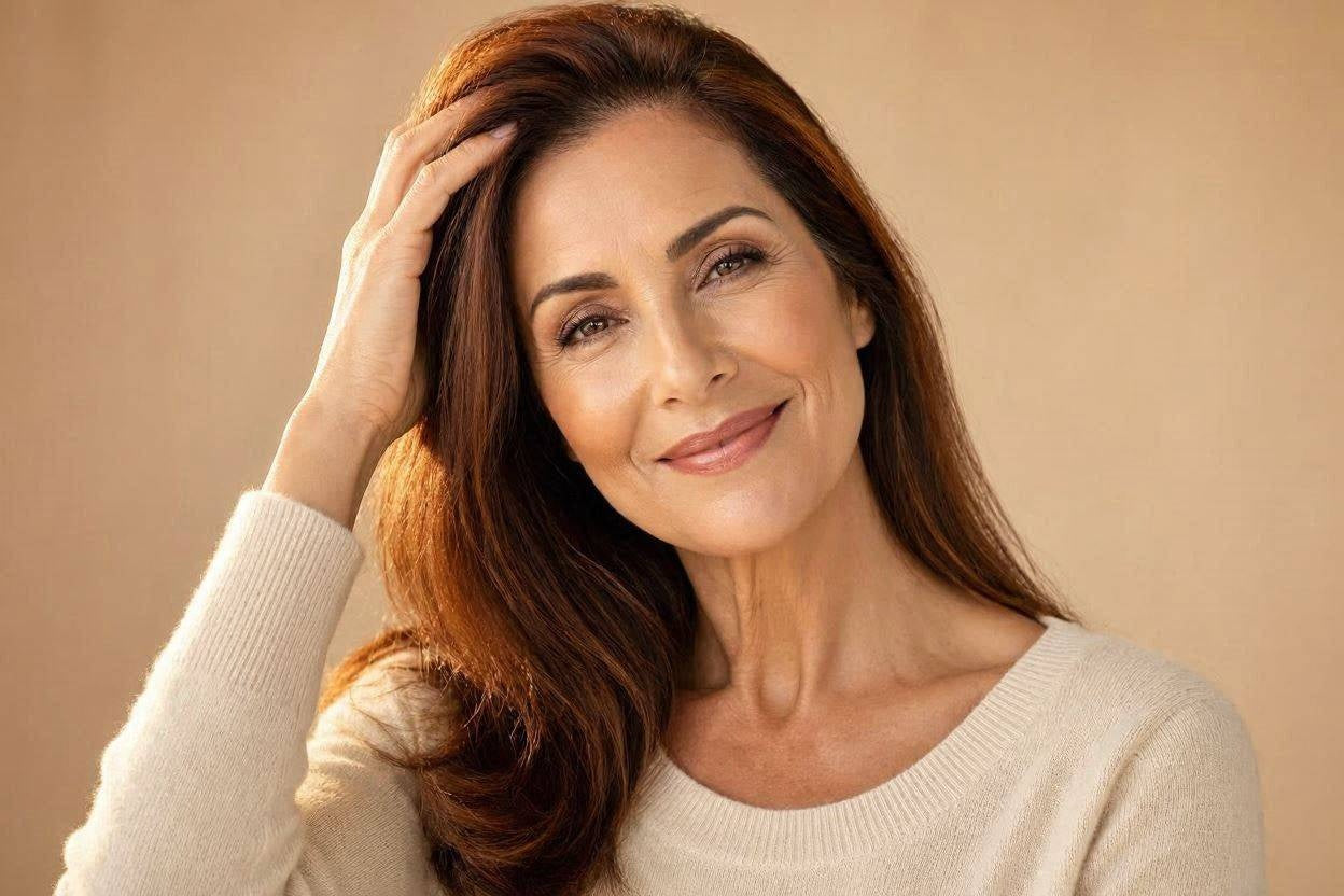 Smiling woman running her fingers through healthy-looking hair