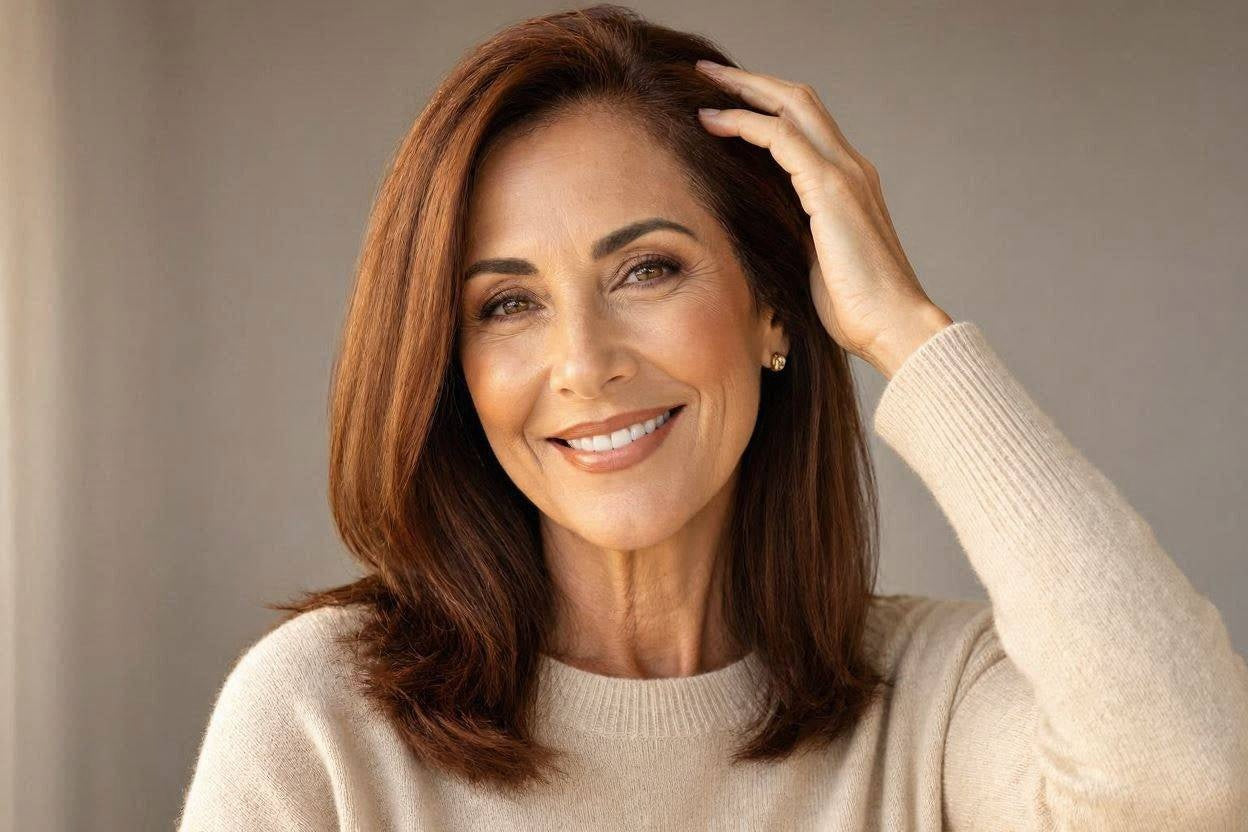 Portrait of a smiling woman touching her hair