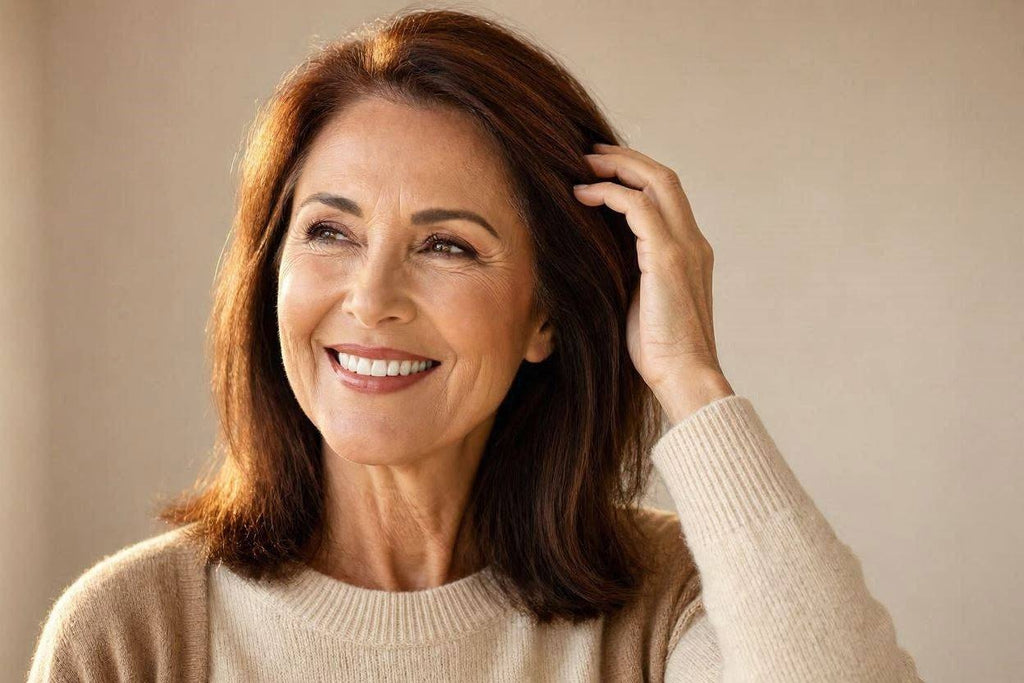 Confident woman smiling with hand in her hair, neutral background