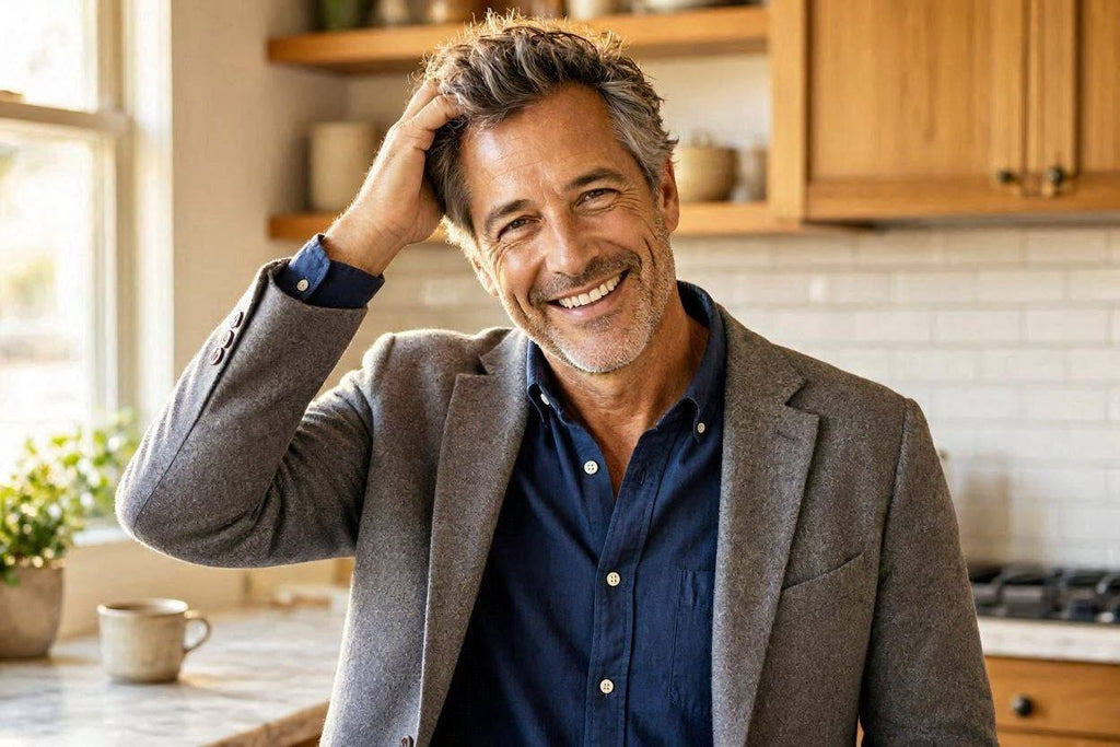 Man with a confident smile, hand in his hair, kitchen setting