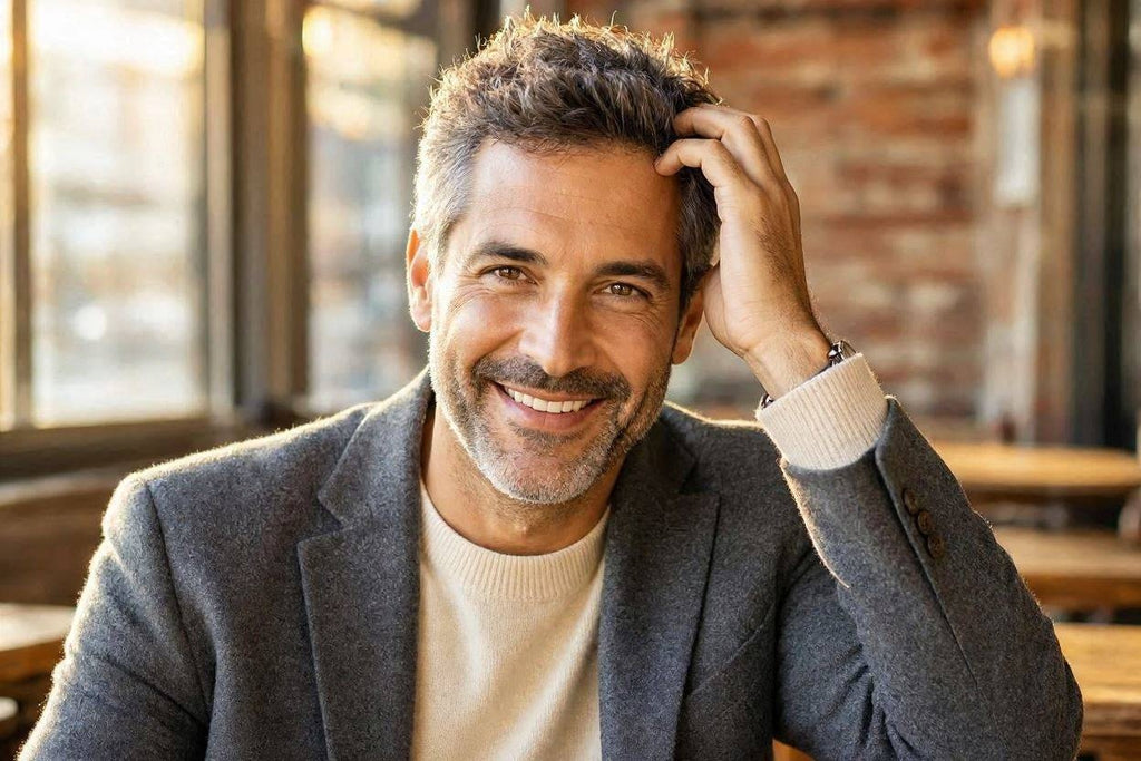 Confident man smiling with hand in his hair