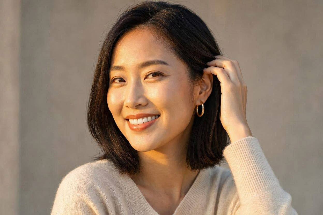 Smiling woman running her fingers through healthy-looking hair