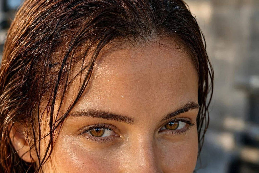 Woman with wet hair after a workout, sweat visible on forehead, close-up