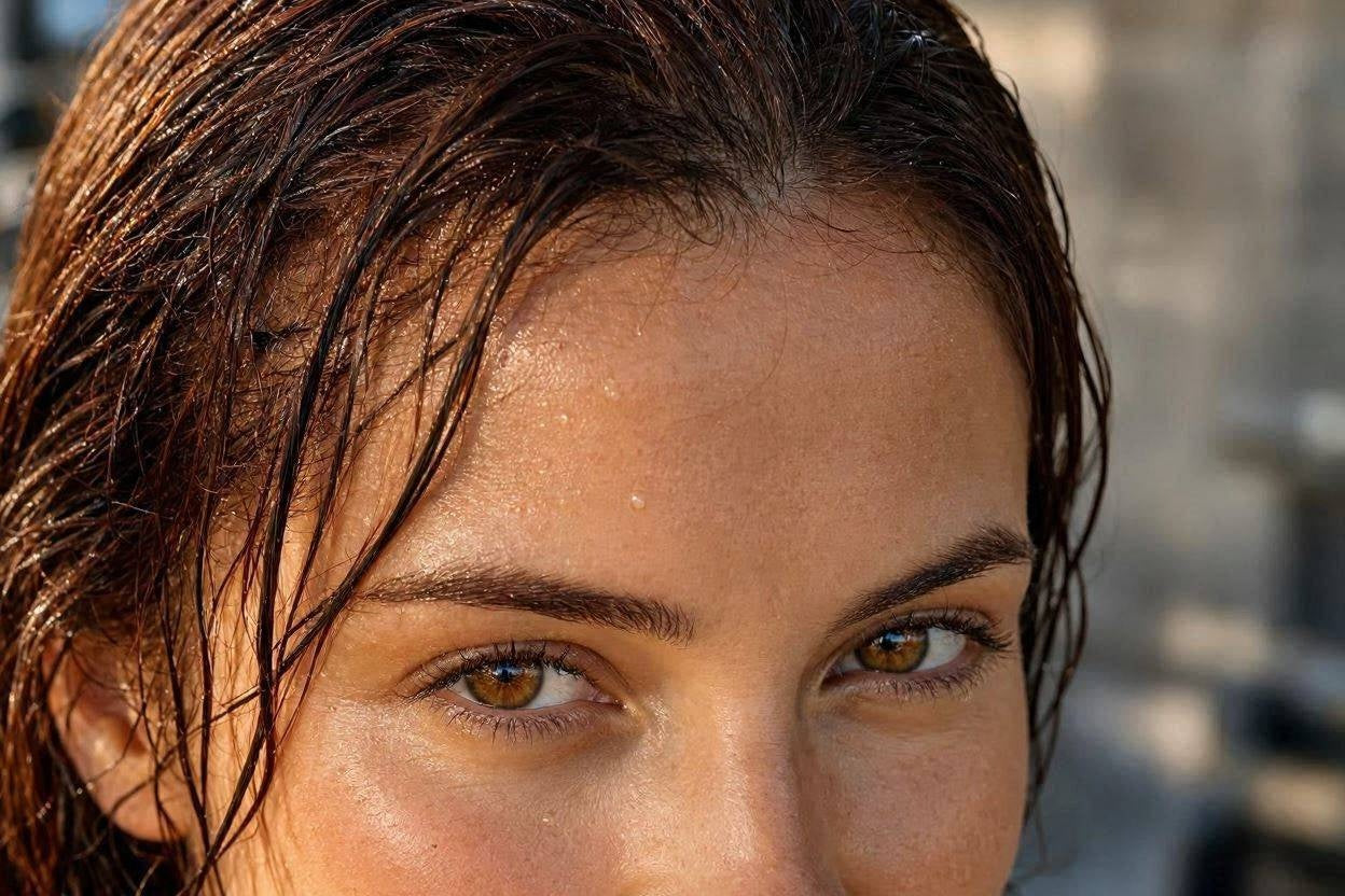 Woman with wet hair after a workout, sweat visible on forehead, close-up
