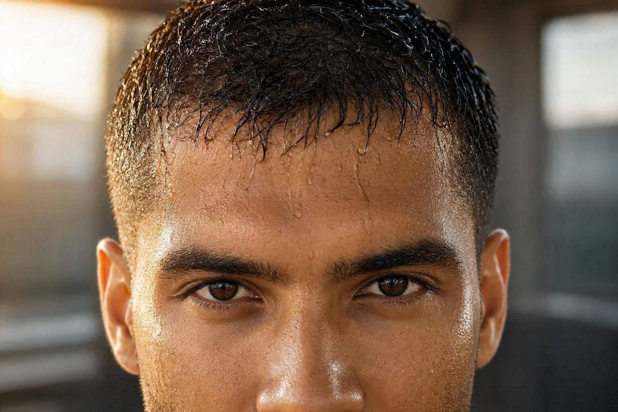 Man with wet hair after a workout, sweat visible on forehead, close-up